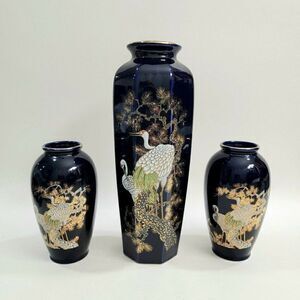 3 - Vintage ARTMARK Cobalt Blue Peacock Porcelain Vase Gold Trim JAPAN 11"/ 6"